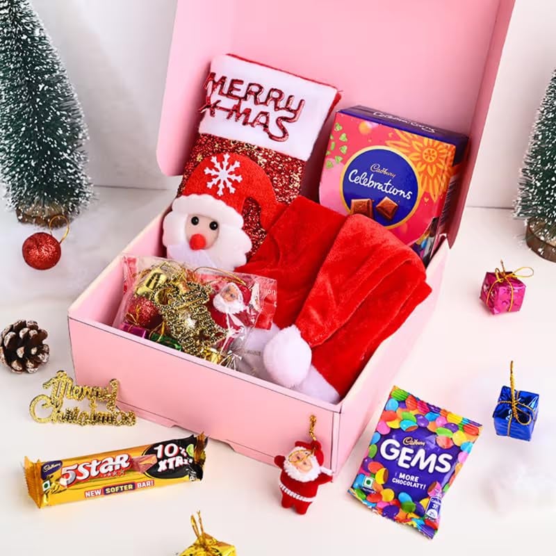 FlowerAura Christmas Secret Santa Gift Hamper of Christmas Socks, Chocolate Box, Decor Items, Santa Cap, Merry Christmas Tag | Employee Gifting | Christmas Gift Box For Family, Friends & Colleague - Image 4