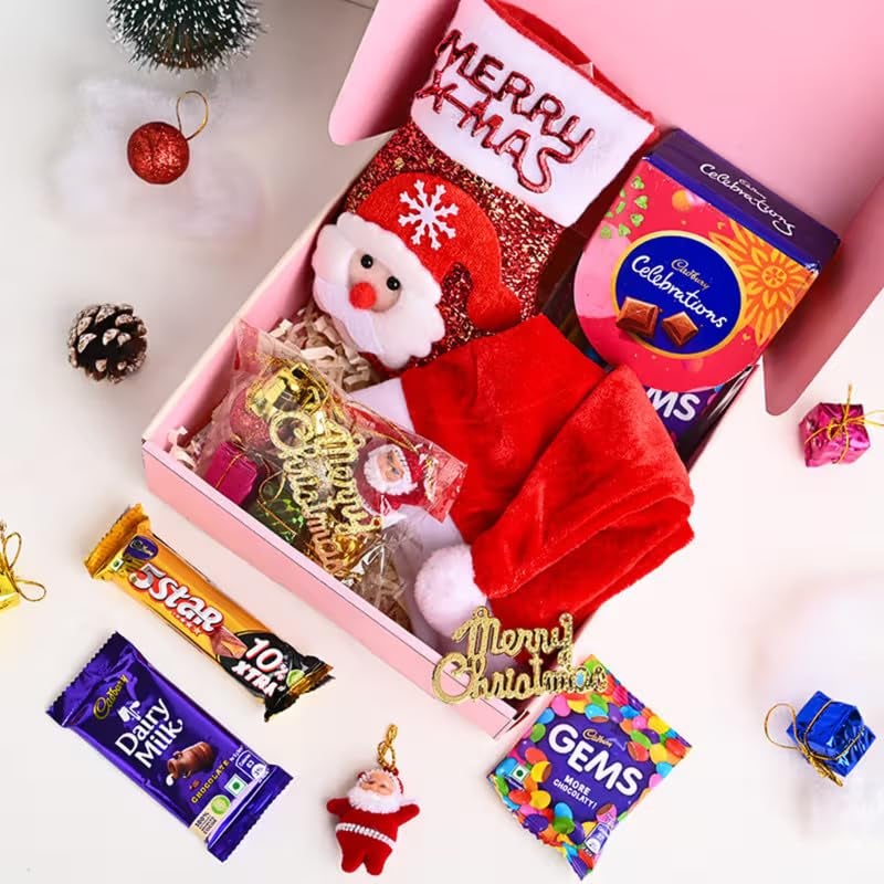 FlowerAura Christmas Secret Santa Gift Hamper of Christmas Socks, Chocolate Box, Decor Items, Santa Cap, Merry Christmas Tag | Employee Gifting | Christmas Gift Box For Family, Friends & Colleague - Image 3
