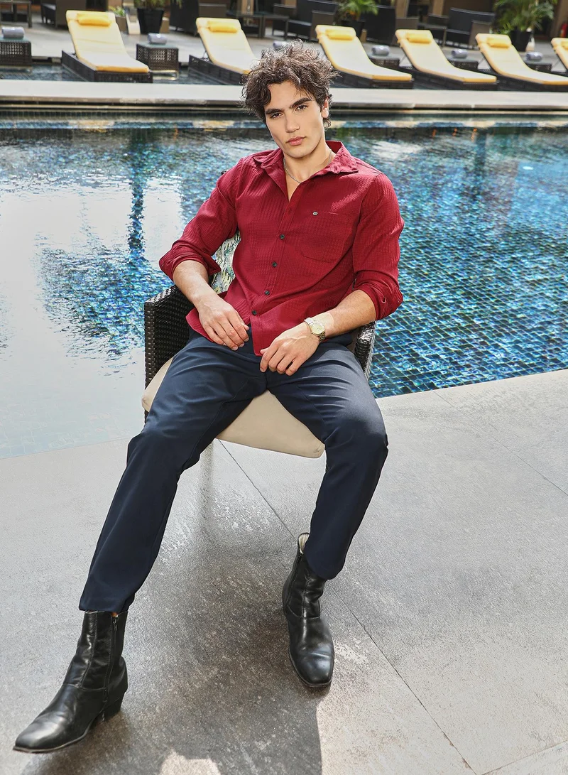 Campus Sutra Men's Ruby Red Houndstooth-Tactile Shirt