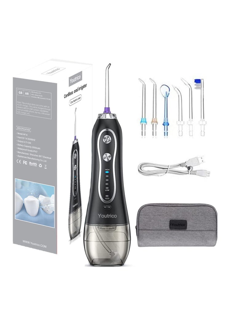 SPECTON Cordless Oral Irrigator Portable Rechargeable Dental Flossers with 5 Modes & 6 Tips with 300ml Water Tank for Home and Travel (Black) - Image 1