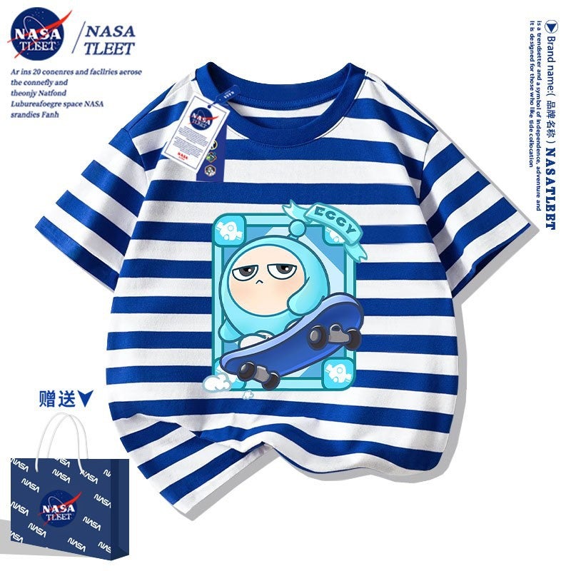 Nasa Joint New Boys And Girls All-Match Short-Sleeved Summer Cartoon Game Egg Party Egg Blue Cotton T-Shirt - Image 1