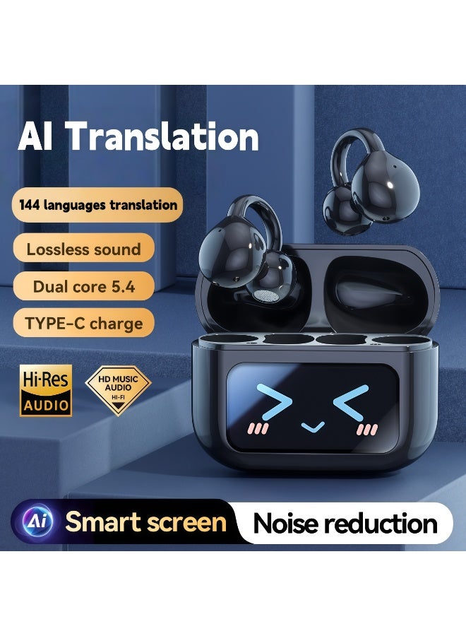Latest 2025 Model Bluetooth Clip-On Earbuds with Color Screen, Stereo Sound & AI Translator (150 Languages), Hi-Fi Sport Earphones, Bluetooth 6.0 Technology，One-Touch Remote Photo Capture