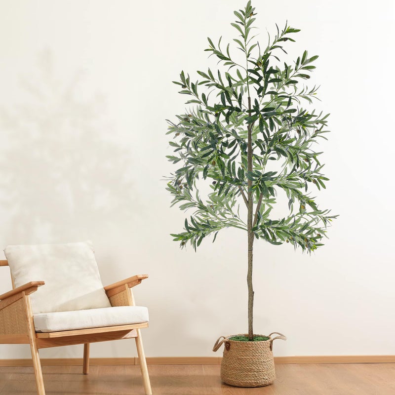 Goabroa Faux Olive Tree, 6FT Tall Artificial Olive Tree with Realistic Leaves and Fruits for Home Office Decor, Large Potted Faux Trees Indoor with Moss and Woven Basket - Image 1