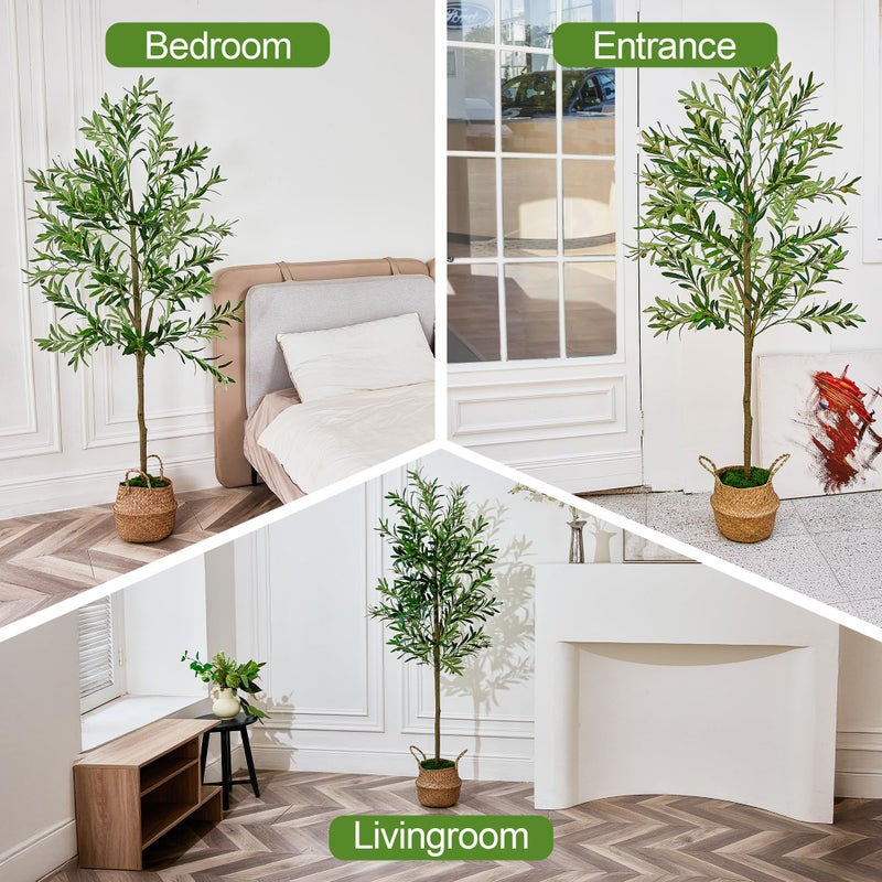 Goabroa Faux Olive Tree, 6FT Tall Artificial Olive Tree with Realistic Leaves and Fruits for Home Office Decor, Large Potted Faux Trees Indoor with Moss and Woven Basket - Image 5