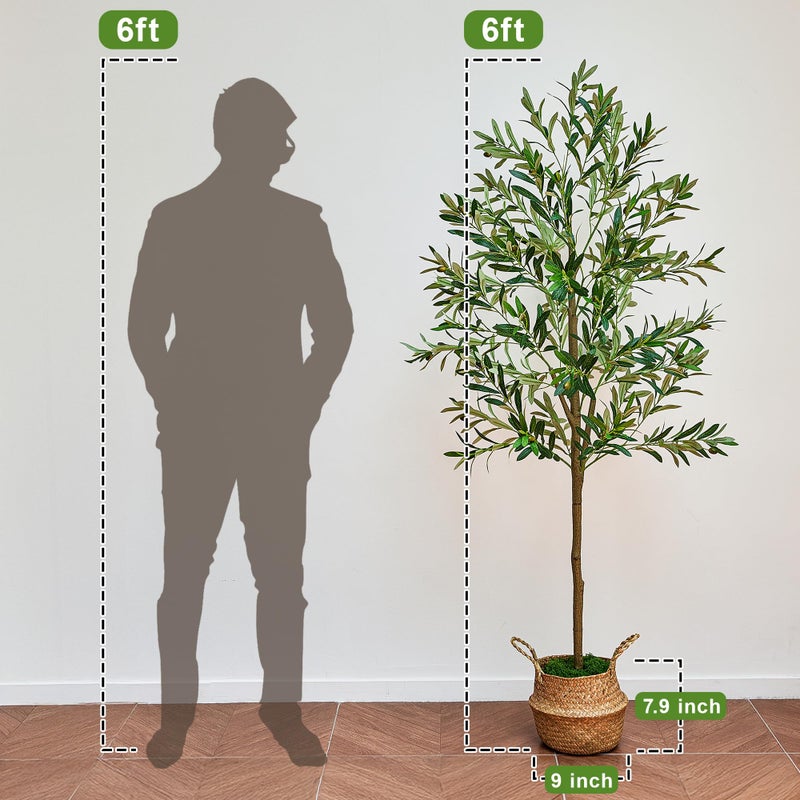 Goabroa Faux Olive Tree, 6FT Tall Artificial Olive Tree with Realistic Leaves and Fruits for Home Office Decor, Large Potted Faux Trees Indoor with Moss and Woven Basket - Image 3