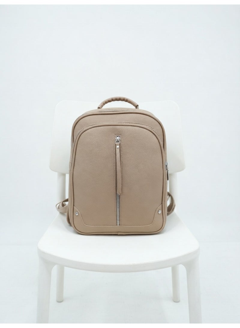 SUNSTAR Beige Faux Leather Mini Backpack with Multiple Zip Compartments and Top Handle - Image 1