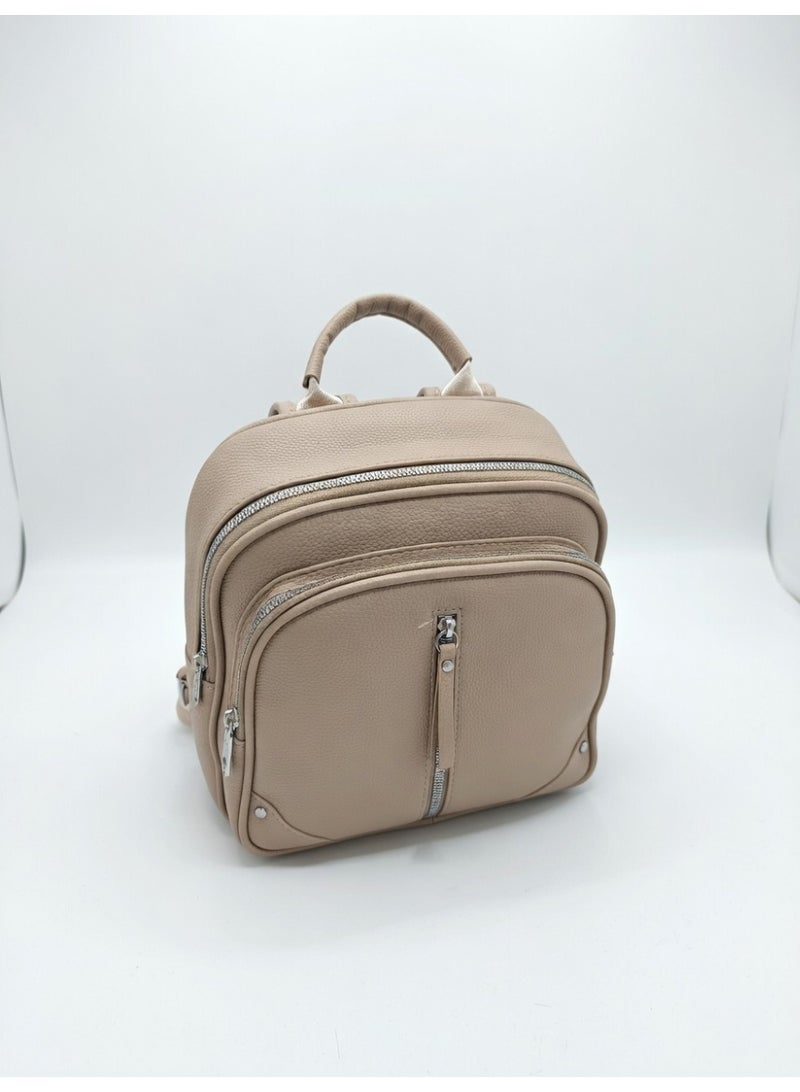 SUNSTAR Beige Faux Leather Mini Backpack with Multiple Zip Compartments and Top Handle - Image 2