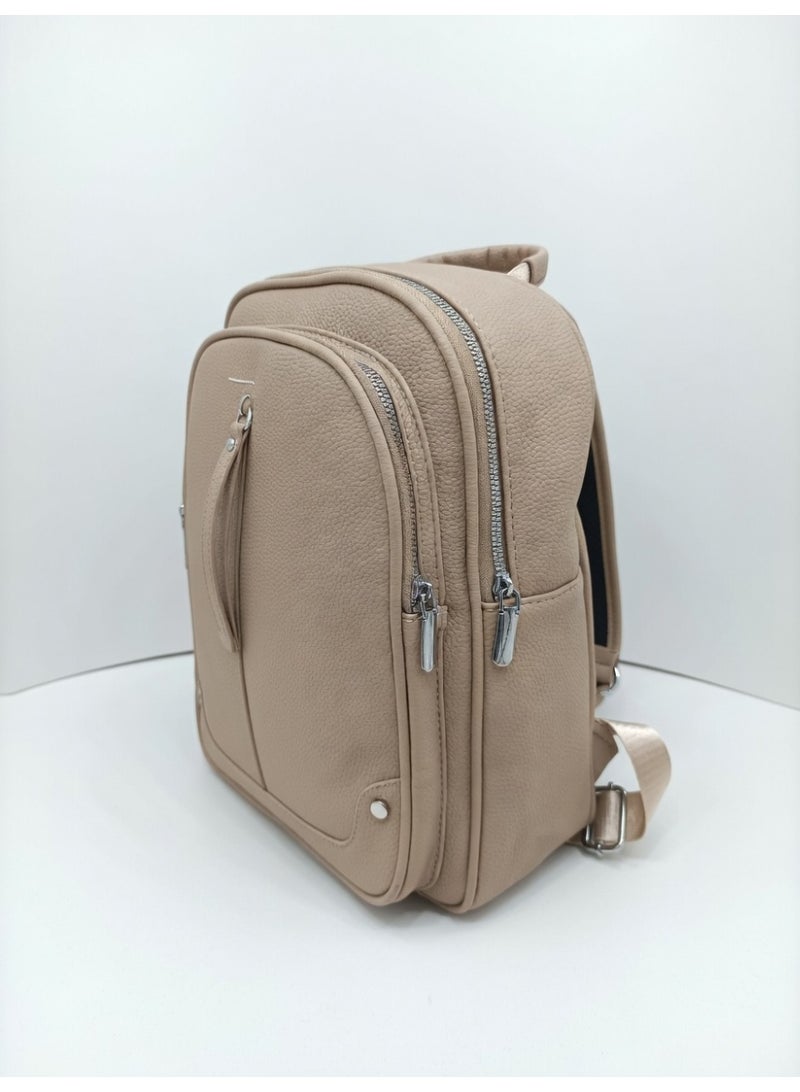 SUNSTAR Beige Faux Leather Mini Backpack with Multiple Zip Compartments and Top Handle - Image 3