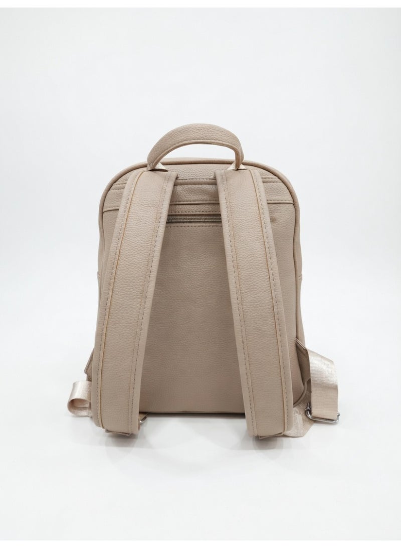 SUNSTAR Beige Faux Leather Mini Backpack with Multiple Zip Compartments and Top Handle - Image 4