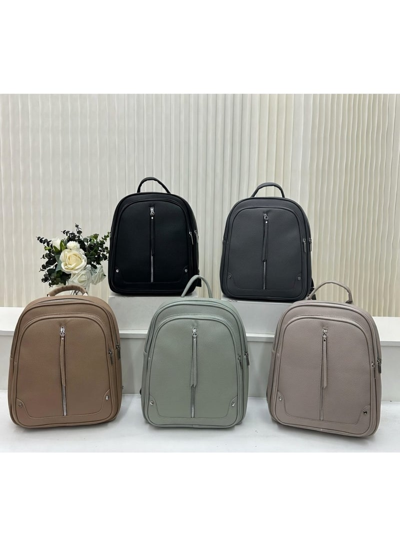 SUNSTAR Beige Faux Leather Mini Backpack with Multiple Zip Compartments and Top Handle - Image 5