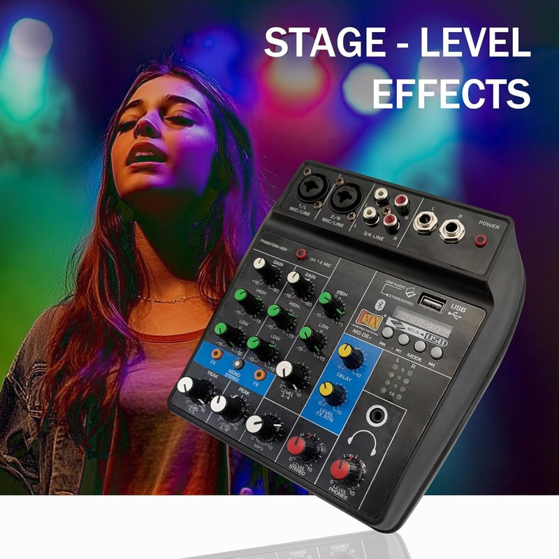 MX 4-Channel Audio Mixer – USB Mini DJ Sound Mixing Console with Bluetooth, 48V Phantom Power, Headphone Output, Recording Support – Ideal for Home, Studio, and Basic Audio Learning - Image 5