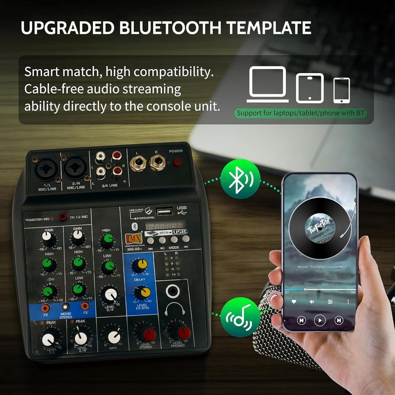 MX 4-Channel Audio Mixer – USB Mini DJ Sound Mixing Console with Bluetooth, 48V Phantom Power, Headphone Output, Recording Support – Ideal for Home, Studio, and Basic Audio Learning - Image 4