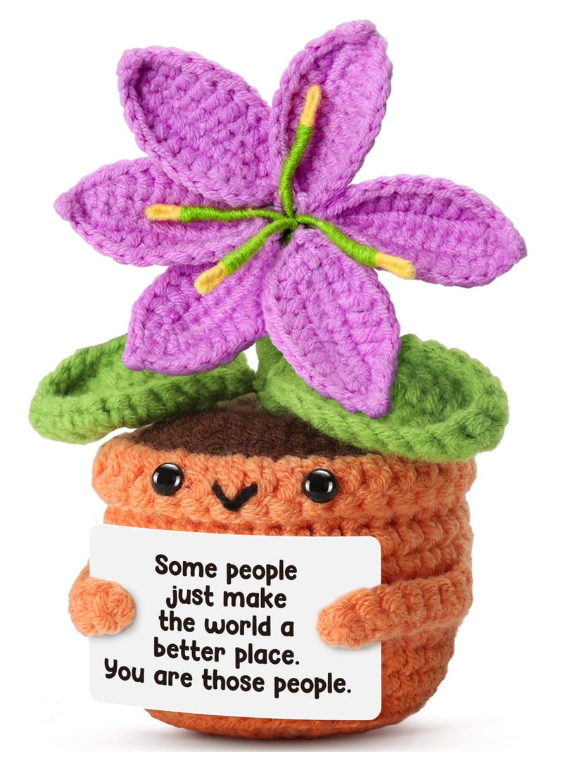 ECLux Positive Pocket Purple Lily Flower Doll, Funny Emotional Support Knitted Purple Lily Flower Toy with Positive Card, Woolen Crochet, Cheer Up Graduation Gift, Encouragement for Friends - Image 1