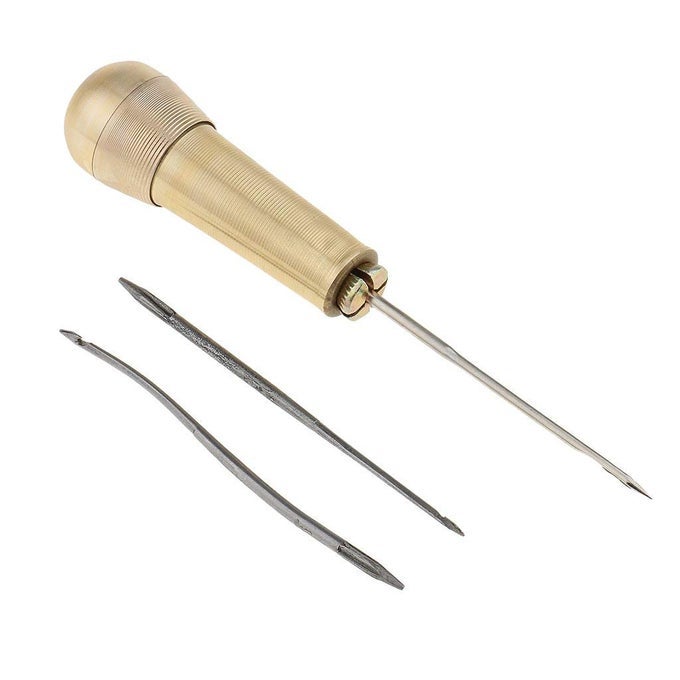 COPPER HANDLE STITCHER WITH 3 NEEDLES SEWING AWL HAND STITCHER SHOE REPAIR TOOL FOR CANVAS LEATHER NEEDLE THREAD INSERTER