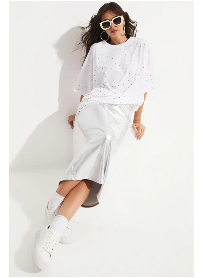 JUNE June Women Viscose Blend Elastic Waist Fitted Skirt Silver
