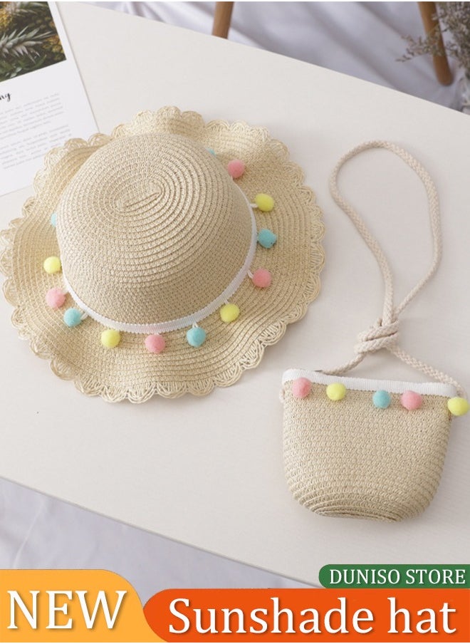 DUNISO - Sun Hat With Shoulder Bag Set Wide Brim Sun Hat Beautiful Shoulder Bag Cute Pompom Flower Summer Beach Hat Suitable For Infants, Babies, Girls And Children - Image 1
