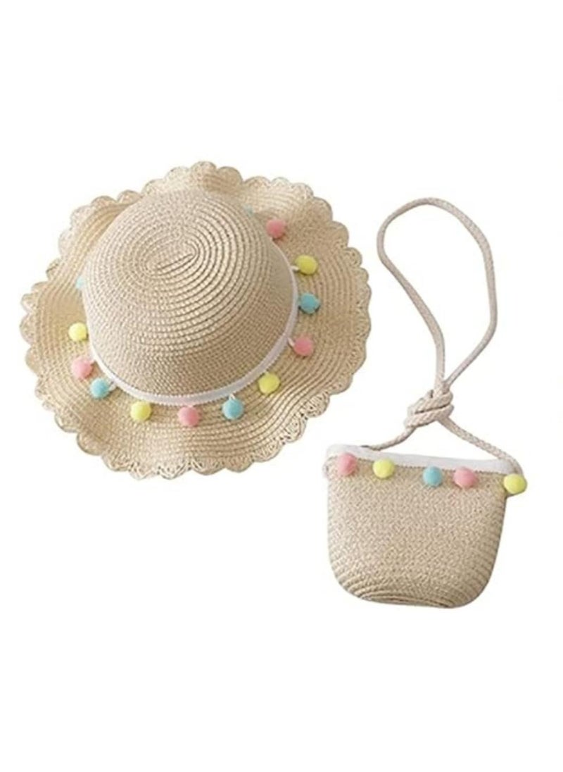 DUNISO - Sun Hat With Shoulder Bag Set Wide Brim Sun Hat Beautiful Shoulder Bag Cute Pompom Flower Summer Beach Hat Suitable For Infants, Babies, Girls And Children - Image 1