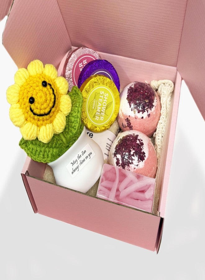 OJAYERR Rose Bath Gift Set for Women - Spa Kit with 2 Bath Bombs, 3 Shower Steamers, Rose Soap, Soap Bag, Fuzzy Socks & Handmade Crochet Sunflower - Birthday, Mothers Day, Get Well Gift, Thank You - Image 2