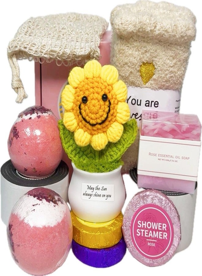OJAYERR Rose Bath Gift Set for Women - Spa Kit with 2 Bath Bombs, 3 Shower Steamers, Rose Soap, Soap Bag, Fuzzy Socks & Handmade Crochet Sunflower - Birthday, Mothers Day, Get Well Gift, Thank You - Image 1