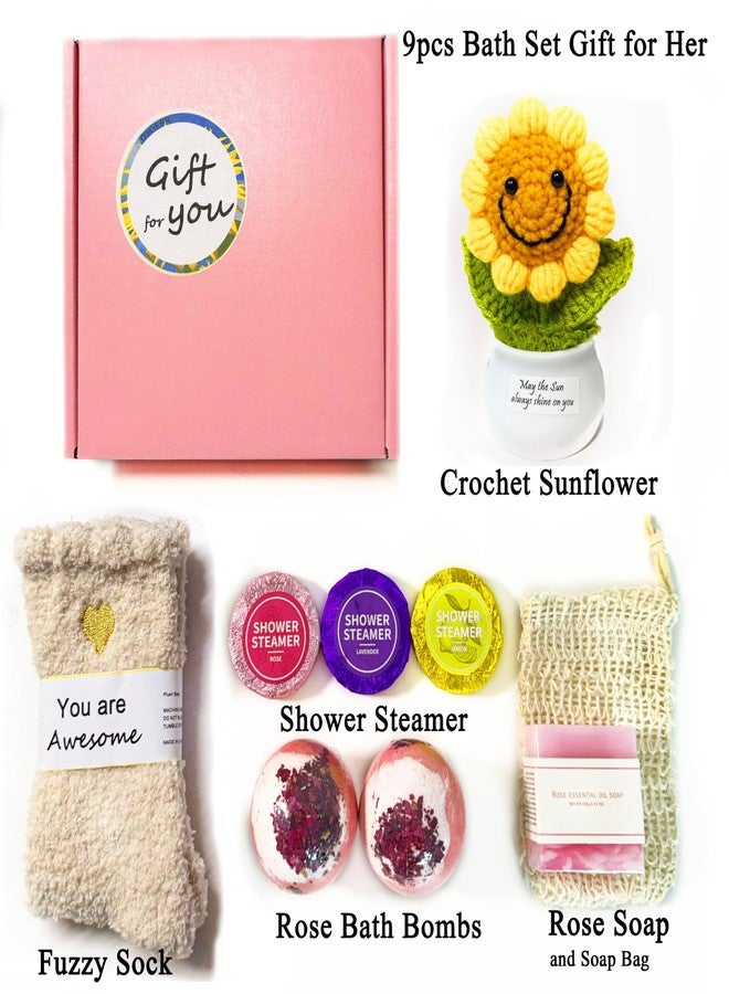 OJAYERR Rose Bath Gift Set for Women - Spa Kit with 2 Bath Bombs, 3 Shower Steamers, Rose Soap, Soap Bag, Fuzzy Socks & Handmade Crochet Sunflower - Birthday, Mothers Day, Get Well Gift, Thank You - Image 3