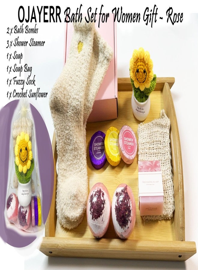 OJAYERR Rose Bath Gift Set for Women - Spa Kit with 2 Bath Bombs, 3 Shower Steamers, Rose Soap, Soap Bag, Fuzzy Socks & Handmade Crochet Sunflower - Birthday, Mothers Day, Get Well Gift, Thank You - Image 4