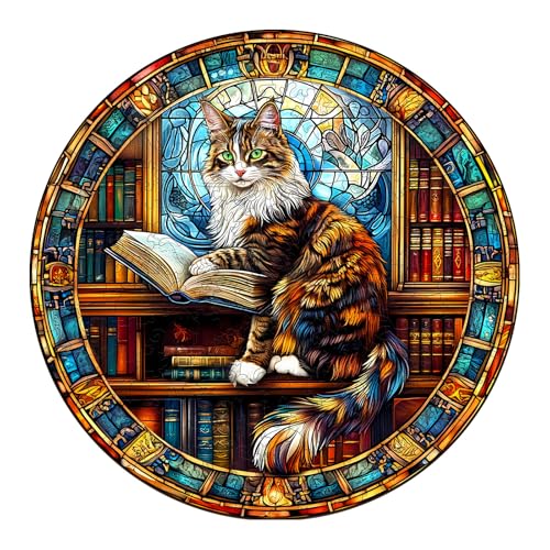 Purdicra Wooden Puzzles for Adults Challenging Maine Cat Library Adult Puzzle Unique Animal Shaped Wooden Jigsaw Puzzles for Adults Creative Gifts Family Games 134 134in 300pcs - Image 1