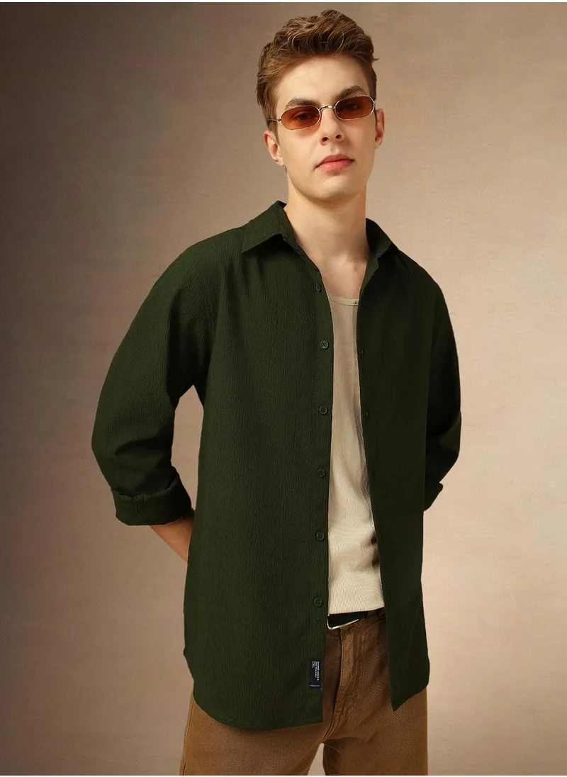 دينيس لينغو Men's Olive 100% Polyester Textured Shirt