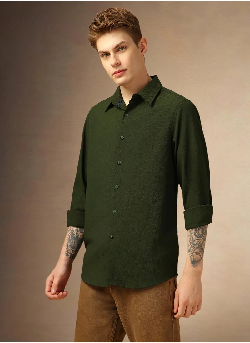 دينيس لينغو Men's Olive 100% Polyester Textured Shirt