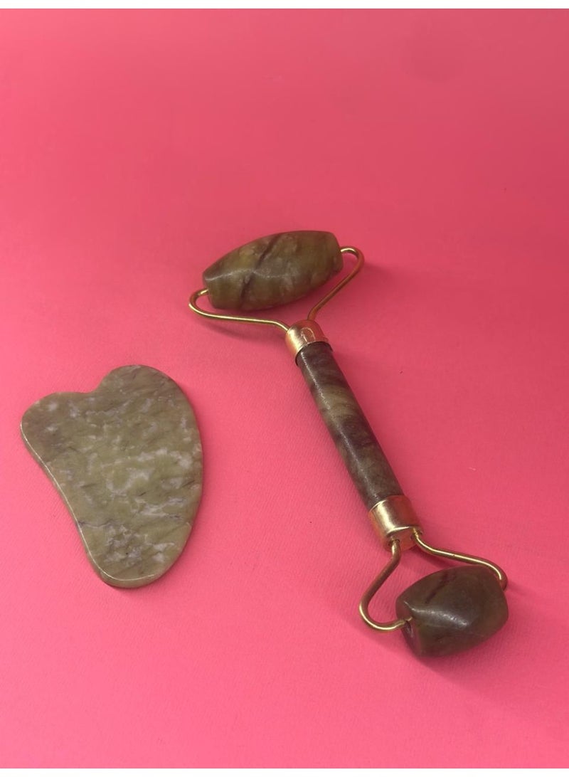 Natural Gua Sha Tools Set Anti-Aging Facial Green Jade Roller for Face and Neck Beauty Massager Tool - Image 1