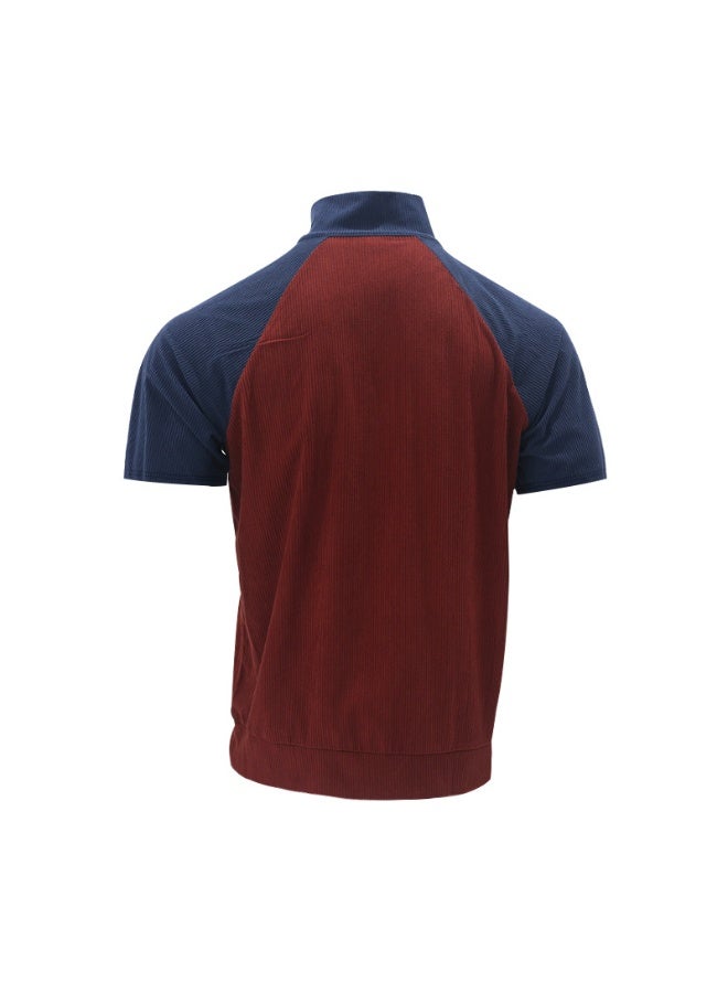 Spring/Summer  Men's Outdoor Raglan Sleeves Casual Stand up Neck Loose Corduroy Colored Short Sleeve - Image 2