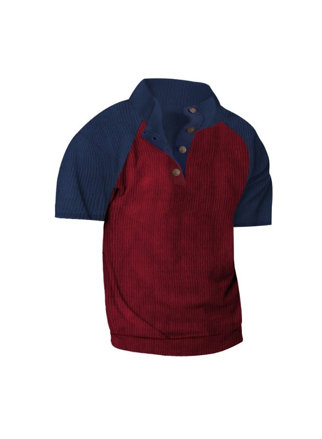 Spring/Summer  Men's Outdoor Raglan Sleeves Casual Stand up Neck Loose Corduroy Colored Short Sleeve - Image 1