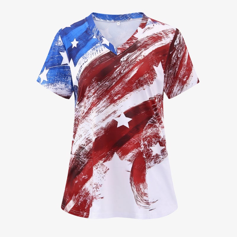Five-Pointed Star Flag Positioning Print Women'S T-Shirt V-Neck Slit Nurse Uniform Caregiver Uniform - Image 1