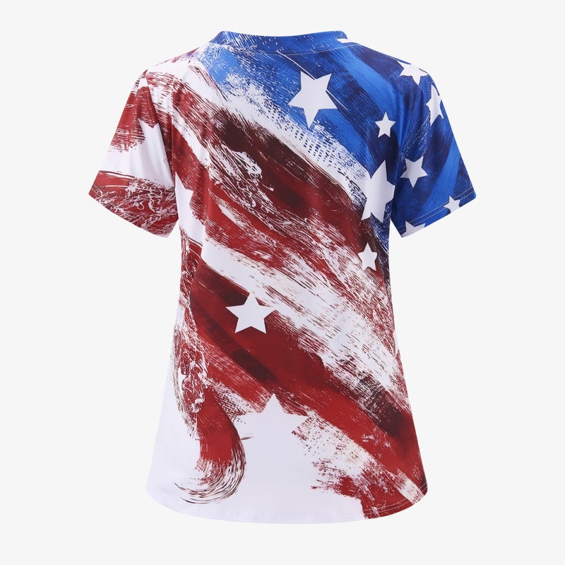 Five-Pointed Star Flag Positioning Print Women'S T-Shirt V-Neck Slit Nurse Uniform Caregiver Uniform - Image 3
