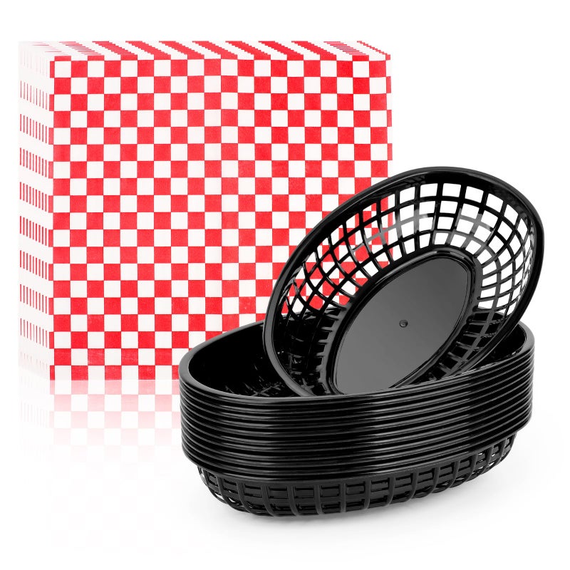 EUSOAR Burger Baskets  Paper Liners 12pcs 94x59 Reusable Black Plastic Food Serving Baskets and 10x11 100pcs RedWhite Deli Paper Liners for Restaurant Food Serving BurgersFries