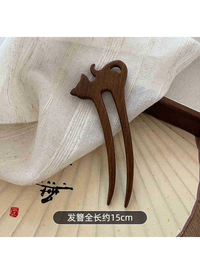 Generic New Chinese Cute Cat U-shaped Hairpin Sandalwood Hairpin Lazy Hair Coiling Antique Hair Hairpin Hanfu Accessories Headwear Long-legged cat [gold sandalwood]