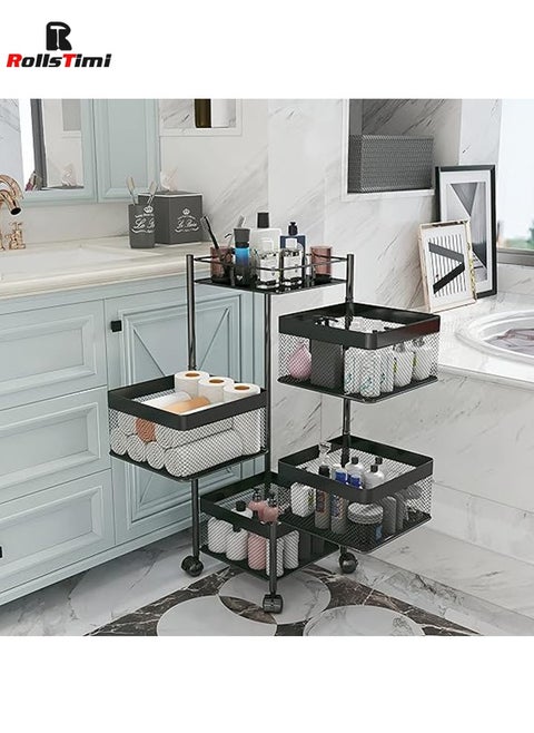 Fruit Vegetable Basket for Kitchen, Rotating Storage Rack, 4 Tier Rolling Cart Basket with top lid, Large Metal Wire Basket with Wheels, Black - Square Design