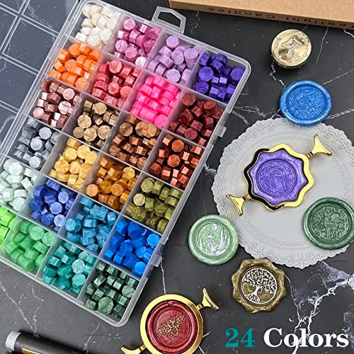 KKSUBCA Wax Seal Stamp Kit with Gift Box, 672 Pcs Wax Seal Beads, 4 Pcs Wax Stamps, 2 Pcs Wax Seal Molds, Sealing Wax Warmer, Spoon, Mat, Metallic Pens, Candles, Wax Seal Kit for Craft Gift - Image 5