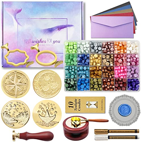 KKSUBCA Wax Seal Stamp Kit with Gift Box, 672 Pcs Wax Seal Beads, 4 Pcs Wax Stamps, 2 Pcs Wax Seal Molds, Sealing Wax Warmer, Spoon, Mat, Metallic Pens, Candles, Wax Seal Kit for Craft Gift - Image 1