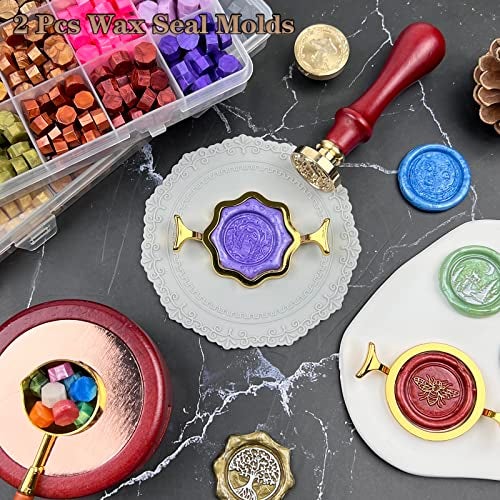 KKSUBCA Wax Seal Stamp Kit with Gift Box, 672 Pcs Wax Seal Beads, 4 Pcs Wax Stamps, 2 Pcs Wax Seal Molds, Sealing Wax Warmer, Spoon, Mat, Metallic Pens, Candles, Wax Seal Kit for Craft Gift - Image 3