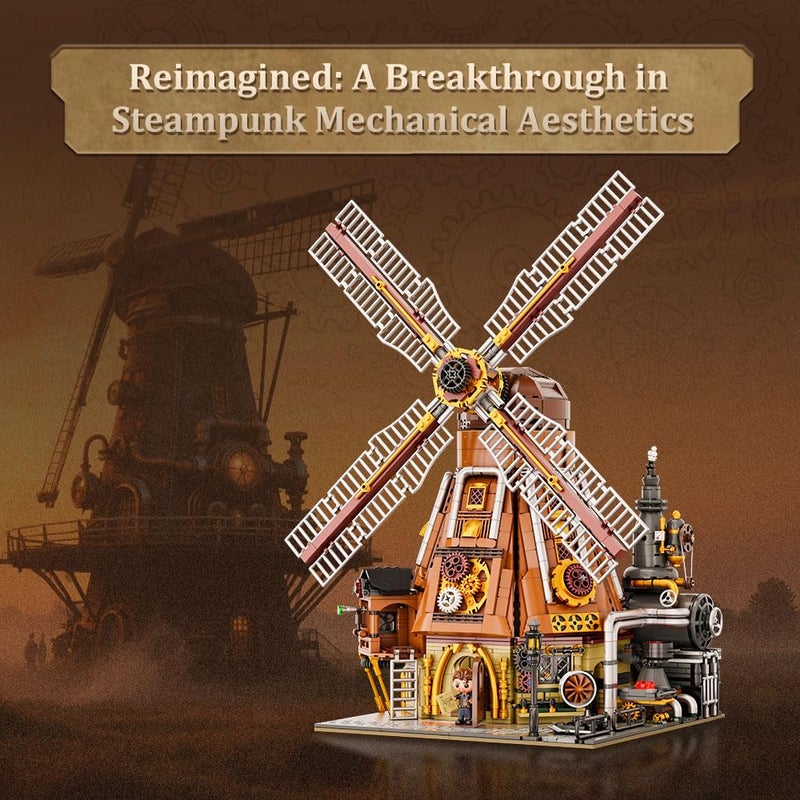 PANTASY Steampunk Windmill Workshop Building Set - Dutch Windmill Architecture with Mechanical Drive with Motorized Rotating Blades,Gear Details,and Openable Wall - Collectible Display Kit for Adults - Image 2
