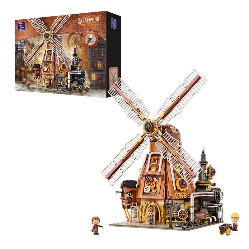 PANTASY Steampunk Windmill Workshop Building Set - Dutch Windmill Architecture with Mechanical Drive with Motorized Rotating Blades,Gear Details,and Openable Wall - Collectible Display Kit for Adults - Image 1