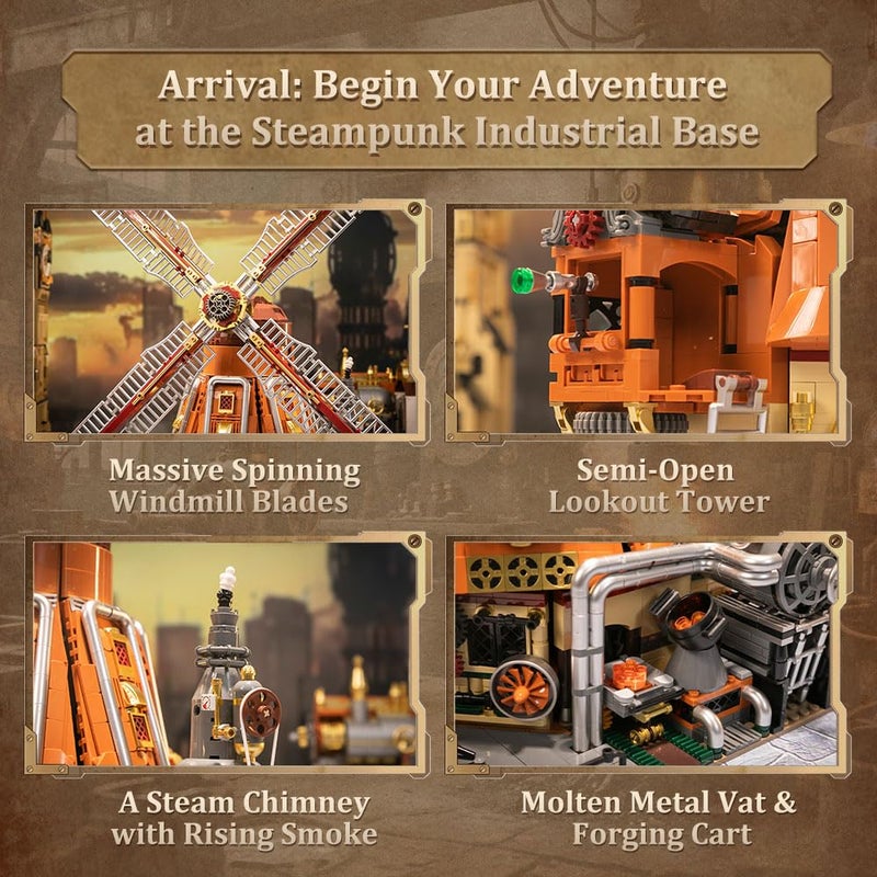 PANTASY Steampunk Windmill Workshop Building Set - Dutch Windmill Architecture with Mechanical Drive with Motorized Rotating Blades,Gear Details,and Openable Wall - Collectible Display Kit for Adults - Image 3
