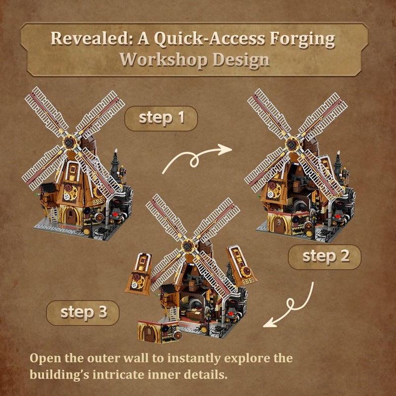 PANTASY Steampunk Windmill Workshop Building Set - Dutch Windmill Architecture with Mechanical Drive with Motorized Rotating Blades,Gear Details,and Openable Wall - Collectible Display Kit for Adults - Image 4