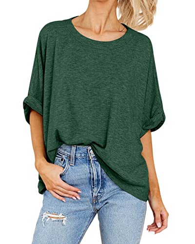 GeGekoko Women Oversized T-Shirt Summer Casual Short Sleeve Loose Tee Tops Dark Green - Image 2