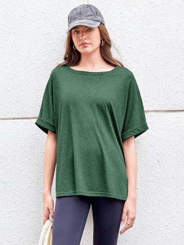 GeGekoko Women Oversized T-Shirt Summer Casual Short Sleeve Loose Tee Tops Dark Green - Image 5