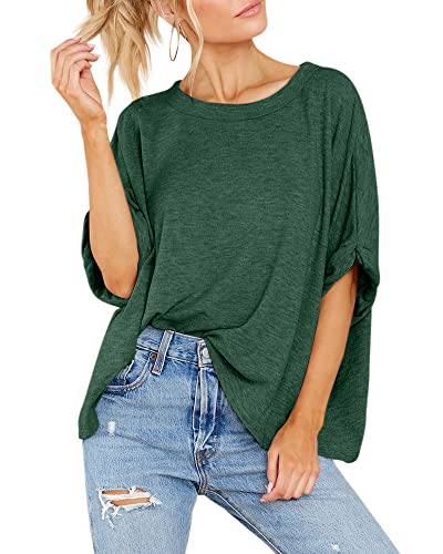 GeGekoko Women Oversized T-Shirt Summer Casual Short Sleeve Loose Tee Tops Dark Green - Image 3
