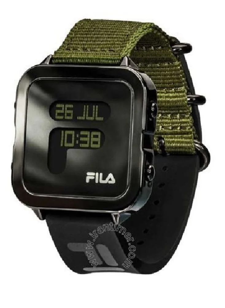 فيلا Fila Style Unisex Digital with World Time of 25 Cities Watch Alloy Case Green Nylon & Black Silicone Strap, 38-6088-105, size 38mm