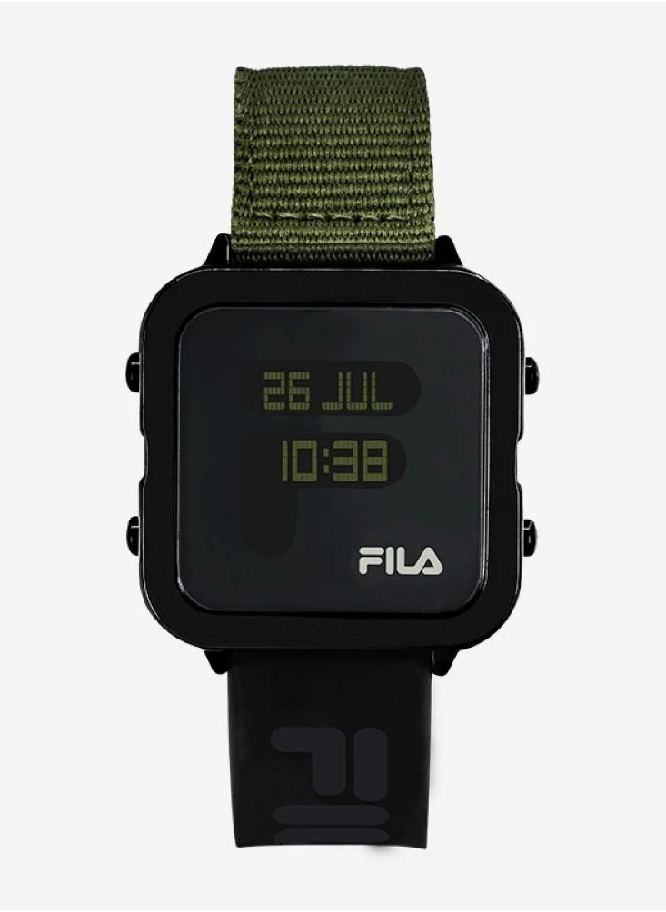 FILA Fila Style Unisex Digital with World Time of 25 Cities Watch Alloy Case Green Nylon & Black Silicone Strap, 38-6088-105, size 38mm