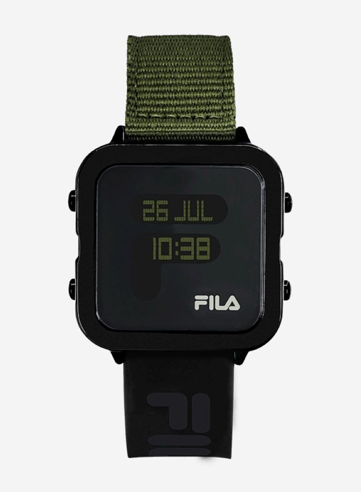 Fila Style Unisex Digital with World Time of 25 Cities Watch Alloy Case Green Nylon & Black Silicone Strap, 38-6088-105, size 38mm - Image 1
