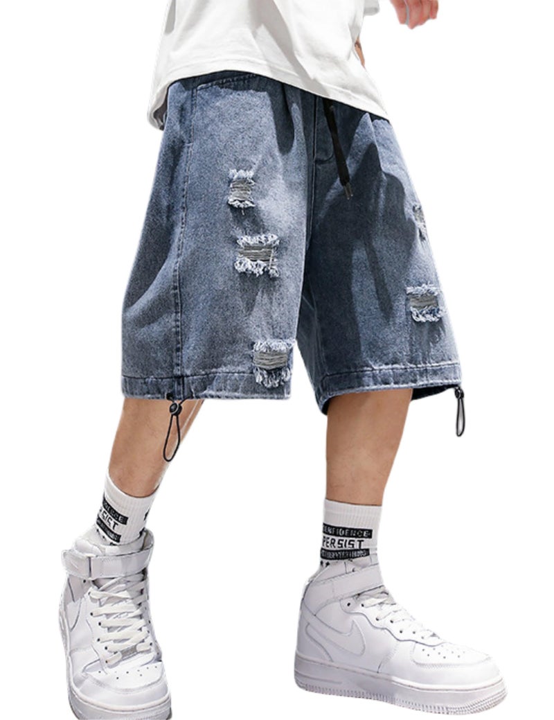 FCOOLYEET Mens Y2k Baggy Jean Shorts Jorts Grunge Ripped Demin Shorts Loose Fit Aesthetic Jeans Blue